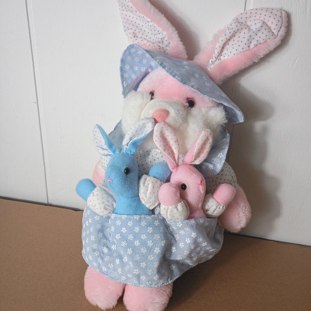 Vintage 80s Plush Easter Bunny Mom and Babies Pink Blue Polka Dot Hat Apron Set